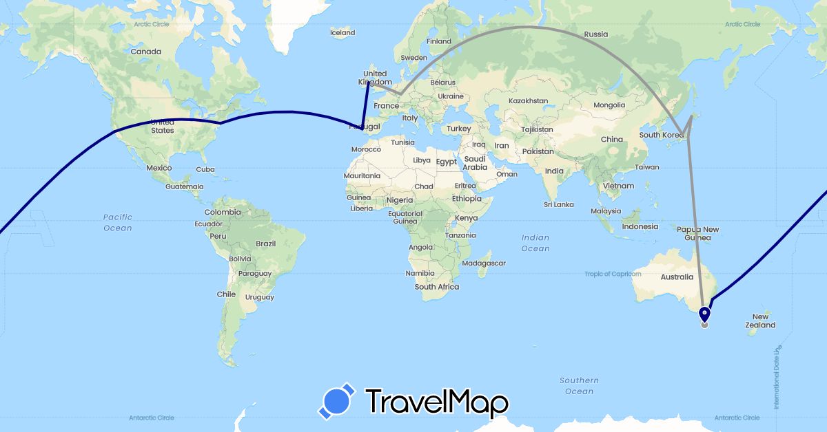 TravelMap itinerary: driving, plane in Australia, Germany, Ireland, Japan, Portugal, United States (Asia, Europe, North America, Oceania)